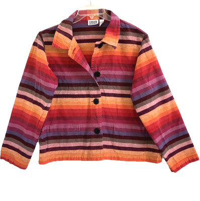 CHICO'S  L /  2 100% Cotton Madras Woven Stripe Jacket Top Long Sleeve Colorful