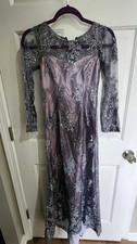 Elegant Metallic Lavender Grey Floral Lace Long Sleeve Evening Dress Small