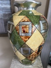 Alexander Kalifano 17" Mosaic Inlay Floor Vase w/ Silver Trim – Art Deco Style