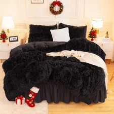 Fluffy Black Comforter Set King Size, 3 Pieces Winter Faux Fur Warm Soft Fuzzy
