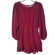 &merci Women's Romper Size Large Gauze Long Balloon Sleeve Berry Comfy Pockets