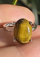 Tiger Eye Oval Cabachon Stone ring Silver Tone Adjustable statement Brown