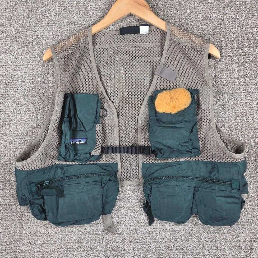 Vintage Patagonia Shortie Fly Fishing Vest Mens Large Green Tan Multi Pocket
Opens in a new window o
