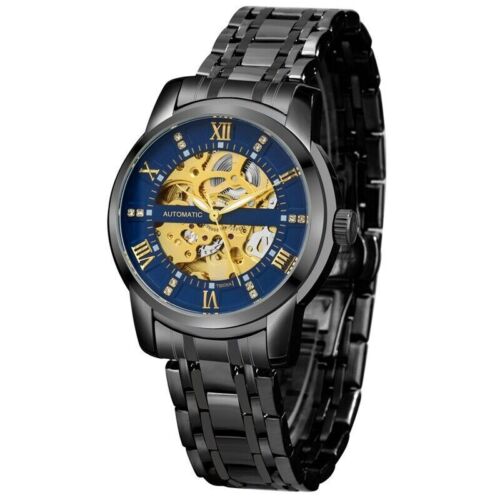Trendy Men's Skeleton Auto Mechanical Wristwatch Steel Band Luminous Hands reloj - Afbeelding 1 van 18