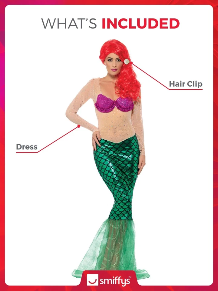 Sexy Disfraz de Sirena Smiffys Deluxe, Verde con Lentejuelas Vestido Largo Completo y Pelo  Foto 3 de 3