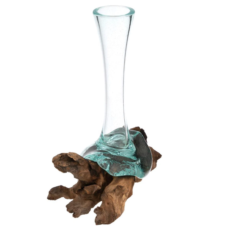 Handgemachte mundgeblasene Wurzelholz-Glasvase Blumenvase Wurzel Teak 25cm - Bild 2 von 4