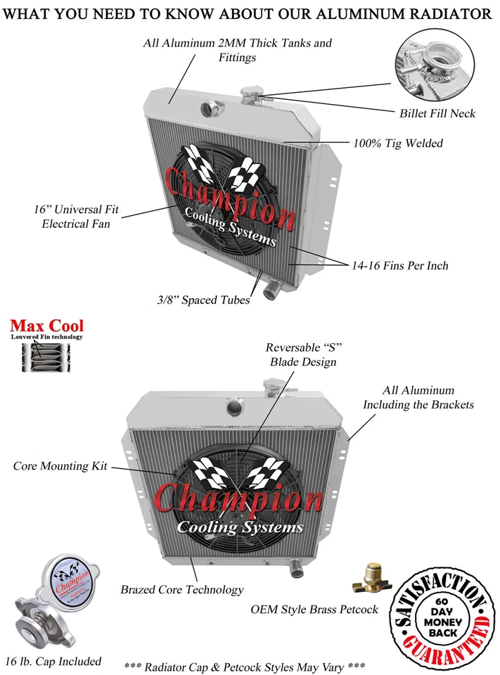 Radiador RR Champion 4 filas con ventilador de 16" para camioneta Chevrolet 1960-1962 #MC6062 Foto 3 de 4