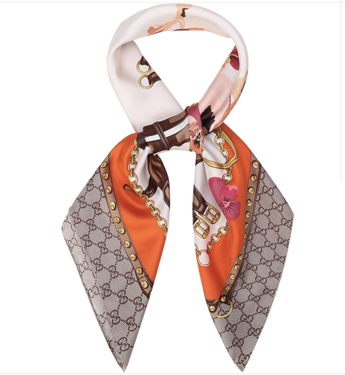 Foulard carré en soie Gucci marron orange monogramme floral GG Guccissima Panshie NEUF