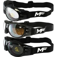 3 MF Vulcan Motorcycle Goggles Black Frames Clear Driving Mirror Smoke Lens