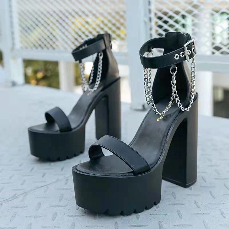 Fashion Women Chunky Thick Bottom Chain Ankle High Heel Shoes Buckle Block Heel