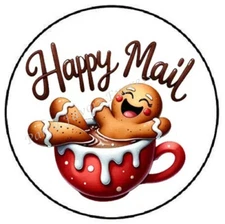 HAPPY MAIL GINGERBREAD CHRISTMAS ENVELOPE SEALS LABELS STICKERS PARTY FAVORS