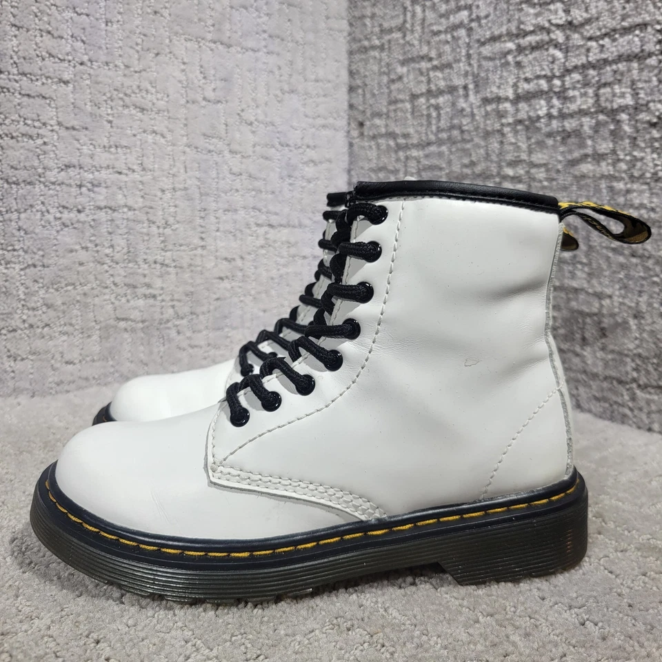 Botas Dr. Martens Air Wair Juveniles Talla 1 EE. UU. Cuero Blanco Con Cordones Cremallera Lateral 1460J Foto 3 de 4