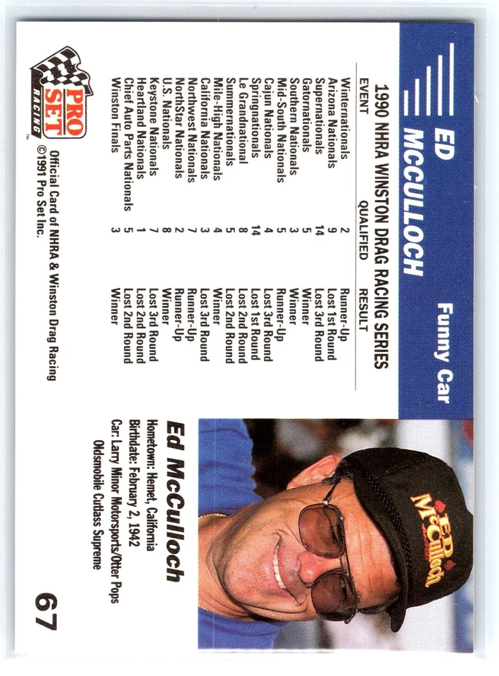 Ed McCulloch Signed Autographed Card 1991 Pro Set Racing #67 "To Dan" - Image 2 of 2