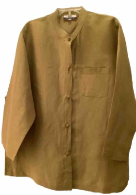 A. P. COLLECTION WN SZ 1X Olive Green Blouse Linen Silk Blend Lg Sl Knot Buttons