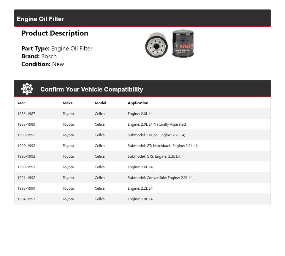 Масляный фильтр премиум-класса для Toyota Celica Bosch 1986-1999 годов выпуска 1987 1988 1989 1990 1991 годов выпуска - Изображение 2 из 3