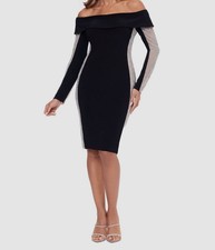 XSCAPE Women's Black Rhinestone Mesh Side Off-The-Shoulder Dress Size 4