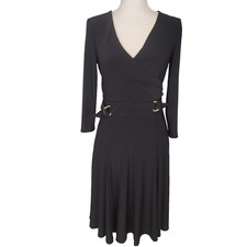 RALPH LAUREN BLACK  JERSEY 3/4 SLEEVE DRESS 4 buckle v neck