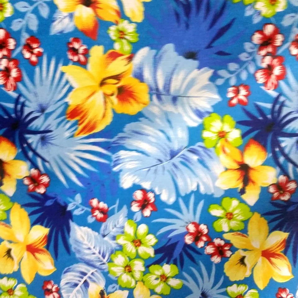 Tela Tropical Estampado Hawaiano Azul Turquesa Floral Poli Algodón 58" Por Yarda Foto 2 de 4