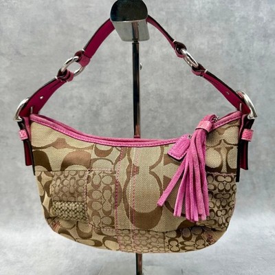 Coach Pink Beige Patchwork Y2K Signature Canvas Shoulder Bag Tassel Auth