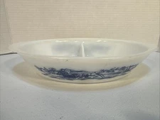 Currier & Ives Vintage Glasbake Milk Glass Divided Casserole Dish J2352