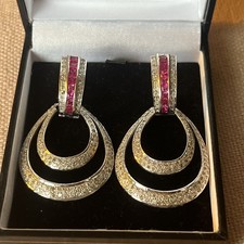 Diamond Ruby 14K 585 Solid White Gold Large Dangle Convertible Earrings 17.24g