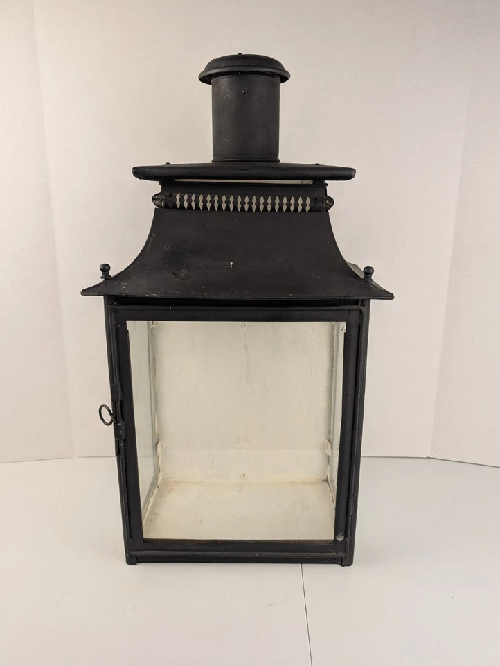 Large Black Metal Glass Lantern Rustic Vintage Style Candle Holder Decorative - Image 2 of 4