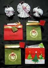 4 Small Christmas Gift Bags with Pocket for Gift Card + 3 Lace Angel Ornaments