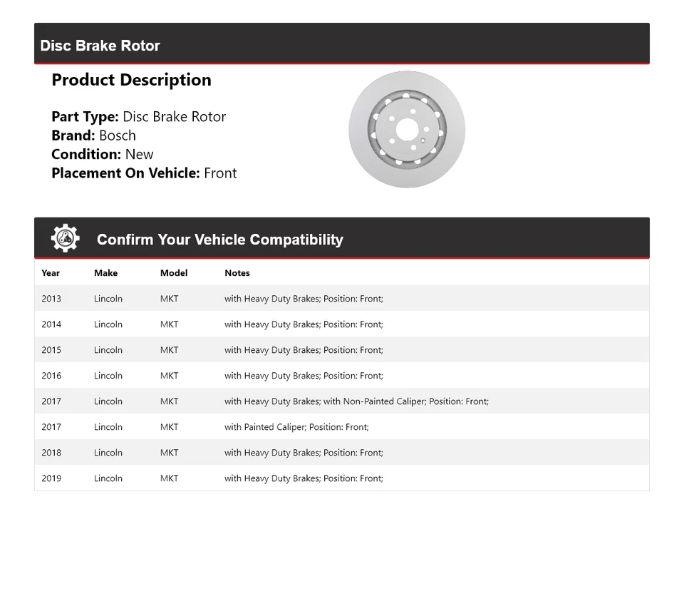 Тихий литой передний дисковый тормоз ротор для Lincoln MKT Bosch 2013-2019 годов выпуска 2014 2015 2016 годов выпуска - Изображение 2 из 4