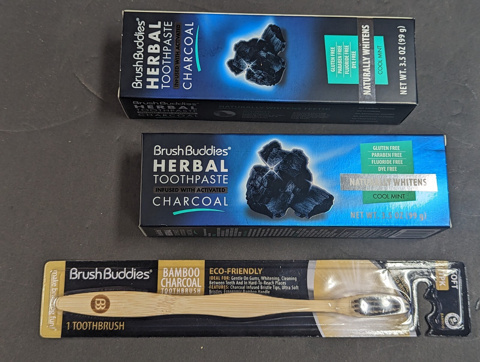 Brush Buddies Herbal Toothpaste w Activated Charcoal 2 packs & Bamboo Brush