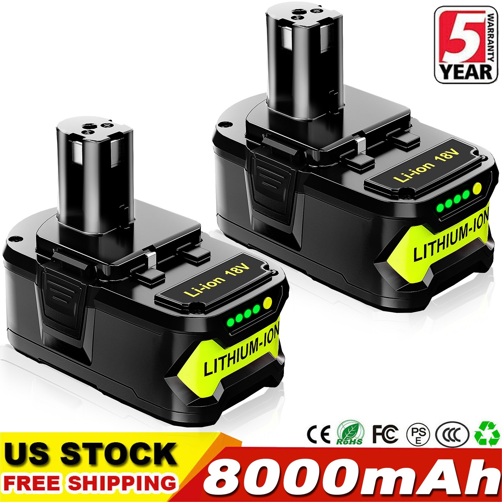 2x 18V 8.0Ah High Capacity Lithium-Ion Battery For RYOBI One+ Plus 18Volt P108