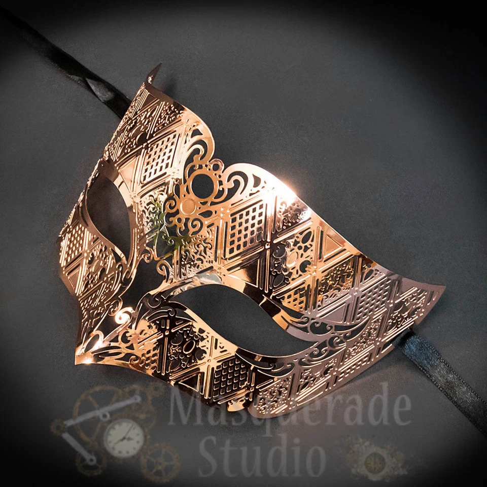 Mens Unisex Simplistic Filigree Light Metal Masquerade Ball Mask [Rose Gold] - Image 3 of 4