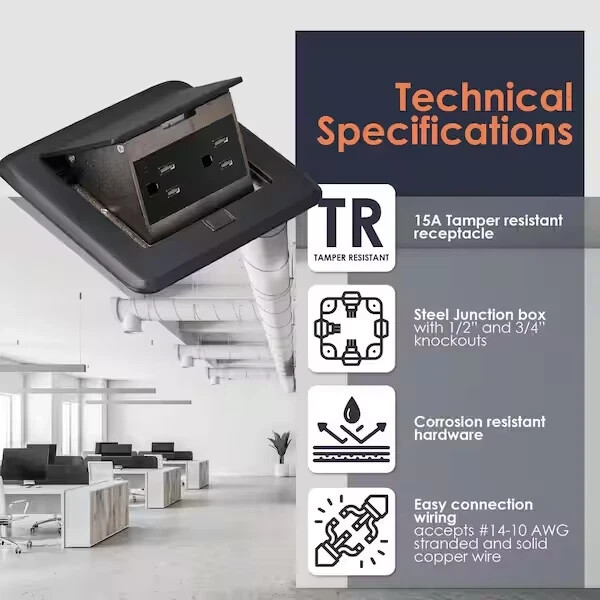 Pop-Up Floor Outlet Electrical Box Wood Sub Flooring 15Amp TR Duplex Black