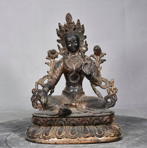 Statue Bodhisattva Tara 8" Chine ancien temple bouddhisme tibétain bronze doré vert - Photo 1/9