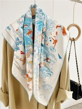 Pure Twill Silk Shawl Scarf Square Bandanna Wrap 35" Cloud Animals Print Cream