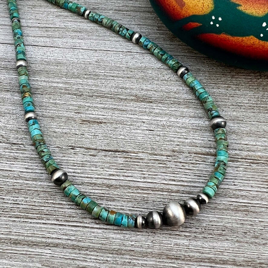 4mm Kingman Turquoise Heishi Necklace Sterling silver Oxidized Pearls, Southwest