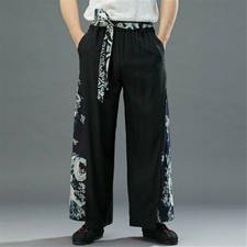Men Dragon Print Loose Pants Vintage Cotton Linen Wide Leg Trousers Baggy