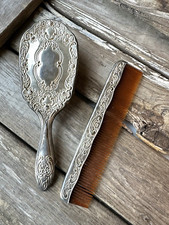 Vintage Brush and Comb Silver Plated Celluloid Vanity Set