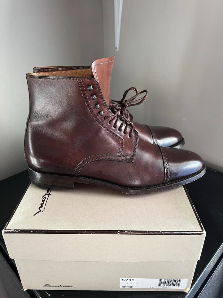 Botas Santoni Marrón Cuero Genuino Con Cordones Para Hombre Talla 9.5 Castaño Hechas en Italia Foto 3 de 4