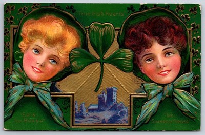 St Patrick's Day~2 Pretty Ladies In Bonnets~Castle w/Gold Sky~Erin Go Bragh~NASH