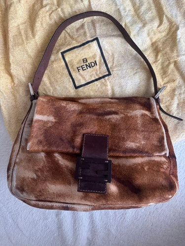 FENDI Mamma Baguette Shoulder Bag Brown Pony Hair Calf Leather FF Logo Used