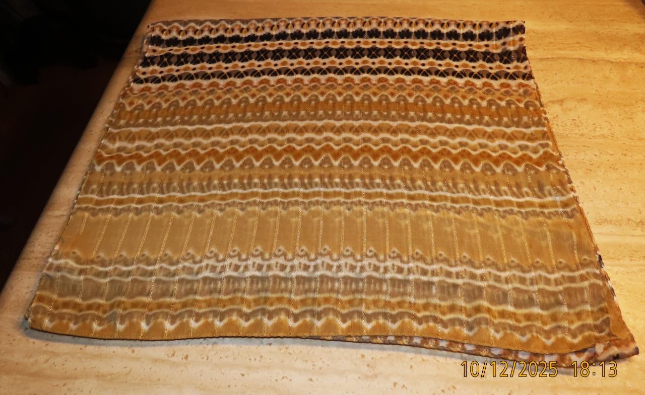 Echo oblong scarf; abstract; tan white black; metallic accents; poly; 72x20 in.