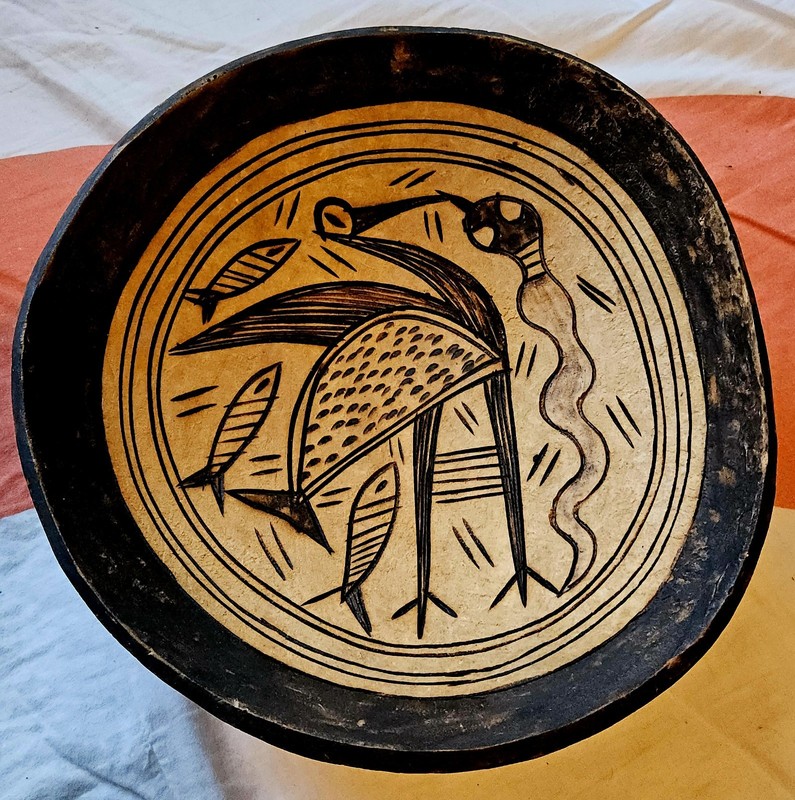 Vintage 70s African Gourd Bowl Calabash Hand Carved Pyrography Folk Art 12in