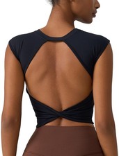 Workout Tops for Built in Bra Open Back Longline Sports Bras Cap Sleeve Athle...