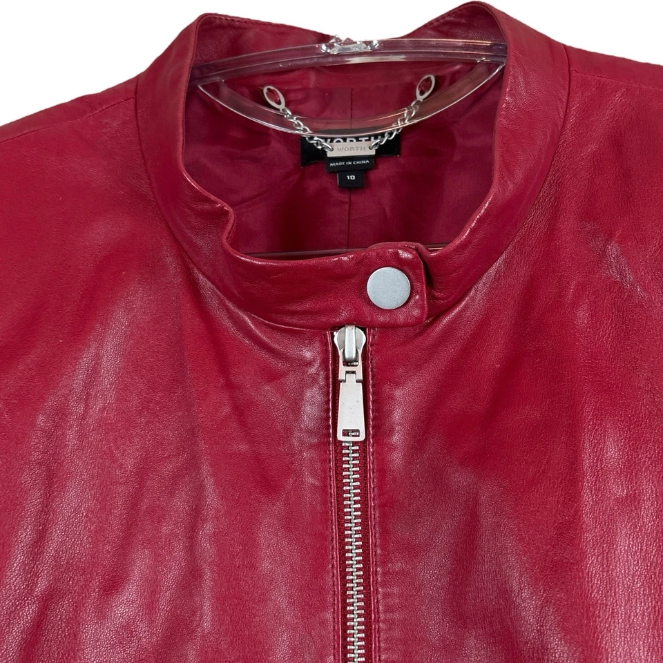 Worth NY Leather High Neck Cinch Waist Zip Moto Vest Jacket Maroon Red Size 10 - Image 3 of 4