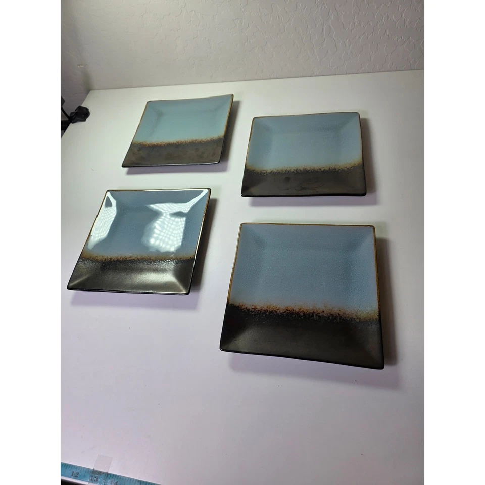 Juego de 4 platos de almuerzo para ensalada Gibson Elite Kaidence azul marrón cuadrado de 7,75" Foto 2 de 4