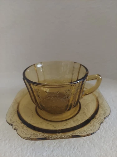Federal Glass Madrid Amber Yellow Depression Teacup and Saucer