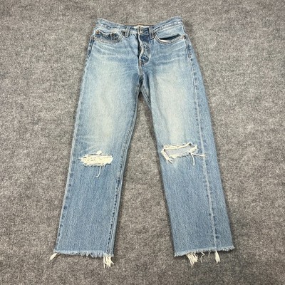 Levis Wedgie Straight Jeans Womens 27 Blue Denim Distressed Cotton Frayed Hem