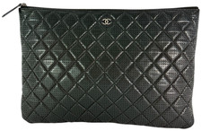 CHANEL Perforated Black Calfskin Leather Clutch Document Caes Made in Italy