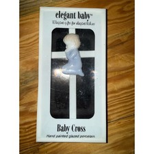 Elegant Baby Cross Wall Plaque Praying Boy Blue Hand Painted Glazed baptism gift