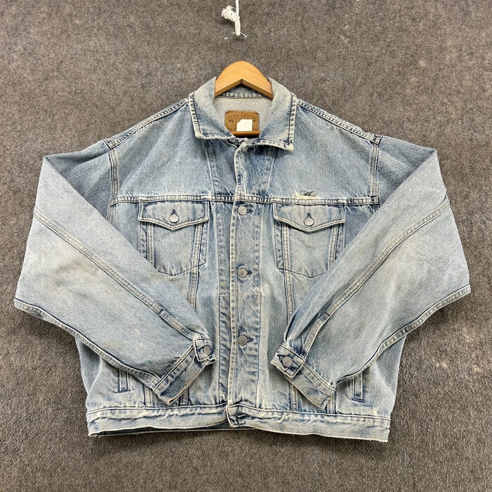 VINTAGE Gap Jacket Mens L Blue Jean Denim Trucker Light Wash Distressed 1993 90s